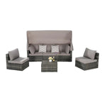 Set di mobili da giardino in vimini da 5 pezzi, lettino da giorno in rattan da esterno con tettoia retrattile, divano componibile con schienale regolabile