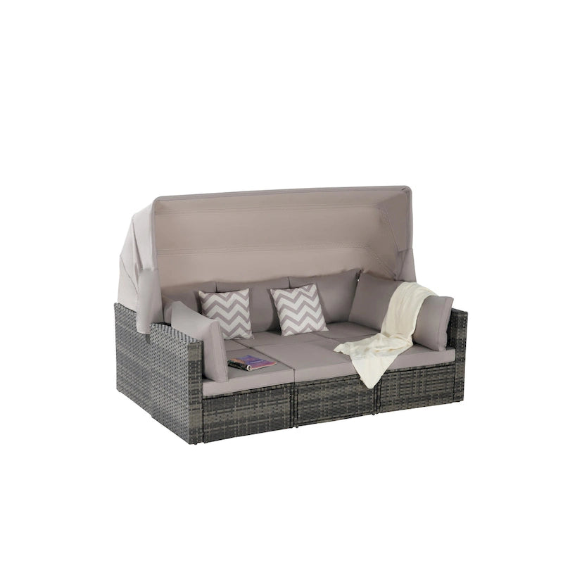 Set di mobili da giardino in vimini da 5 pezzi, lettino da giorno in rattan da esterno con tettoia retrattile, divano componibile con schienale regolabile