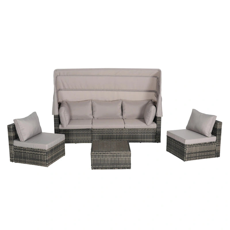 Set di mobili da giardino in vimini da 5 pezzi, lettino da giorno in rattan da esterno con tettoia retrattile, divano componibile con schienale regolabile