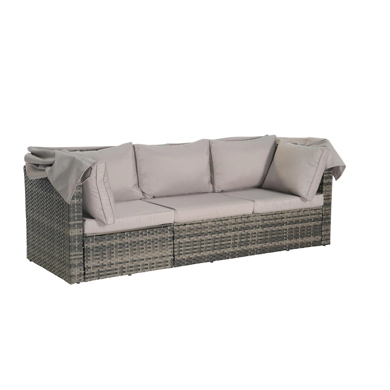 Set di mobili da giardino in vimini da 5 pezzi, lettino da giorno in rattan da esterno con tettoia retrattile, divano componibile con schienale regolabile