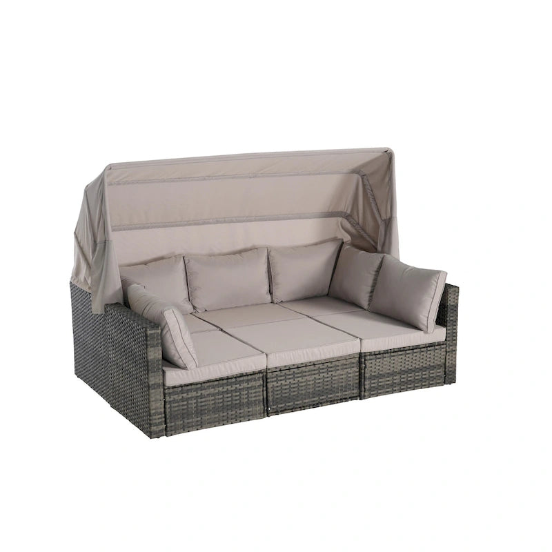 Set di mobili da giardino in vimini da 5 pezzi, lettino da giorno in rattan da esterno con tettoia retrattile, divano componibile con schienale regolabile