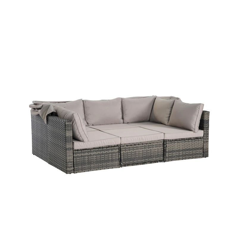 Set di mobili da giardino in vimini da 5 pezzi, lettino da giorno in rattan da esterno con tettoia retrattile, divano componibile con schienale regolabile