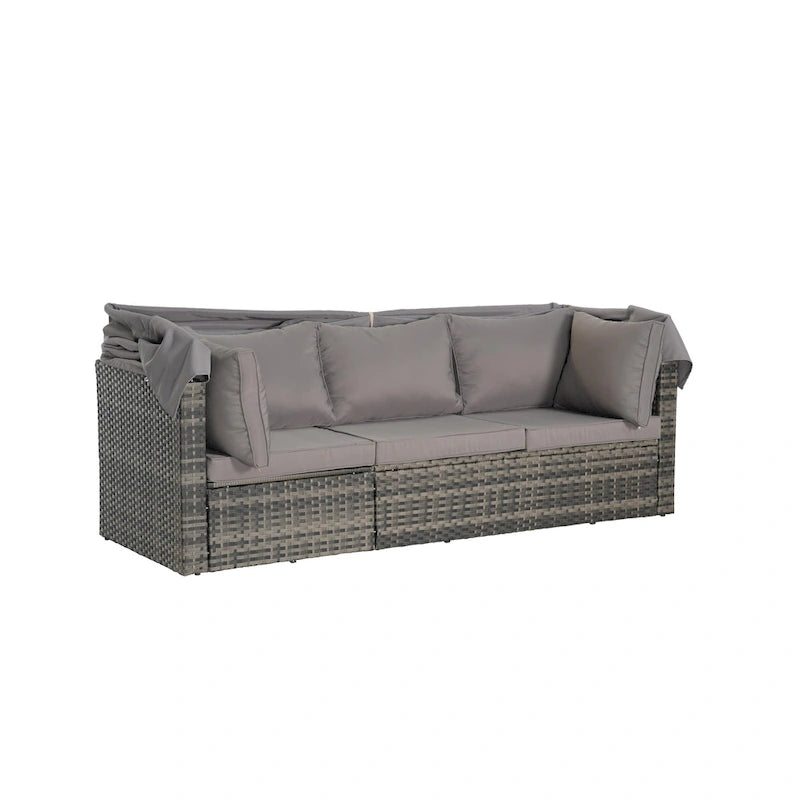 Set di mobili da giardino in vimini da 5 pezzi, lettino da giorno in rattan da esterno con tettoia retrattile, divano componibile con schienale regolabile
