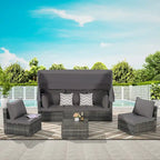Set di mobili da giardino in vimini da 5 pezzi, lettino da giorno in rattan da esterno con tettoia retrattile, divano componibile con schienale regolabile