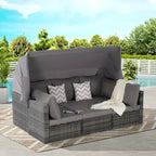 Set di mobili da giardino in vimini da 5 pezzi, lettino da giorno in rattan da esterno con tettoia retrattile, divano componibile con schienale regolabile