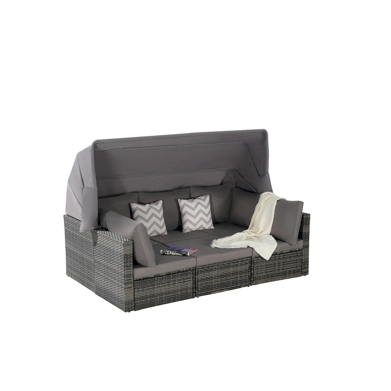 Set di mobili da giardino in vimini da 5 pezzi, lettino da giorno in rattan da esterno con tettoia retrattile, divano componibile con schienale regolabile