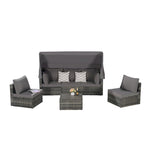 Set di mobili da giardino in vimini da 5 pezzi, lettino da giorno in rattan da esterno con tettoia retrattile, divano componibile con schienale regolabile