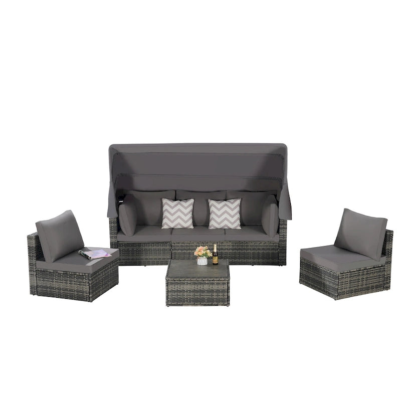 Set di mobili da giardino in vimini da 5 pezzi, lettino da giorno in rattan da esterno con tettoia retrattile, divano componibile con schienale regolabile