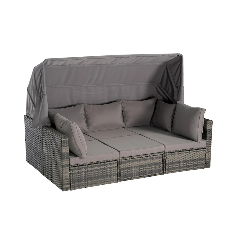 Set di mobili da giardino in vimini da 5 pezzi, lettino da giorno in rattan da esterno con tettoia retrattile, divano componibile con schienale regolabile