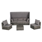 Set di mobili da giardino in vimini da 5 pezzi, lettino da giorno in rattan da esterno con tettoia retrattile, divano componibile con schienale regolabile