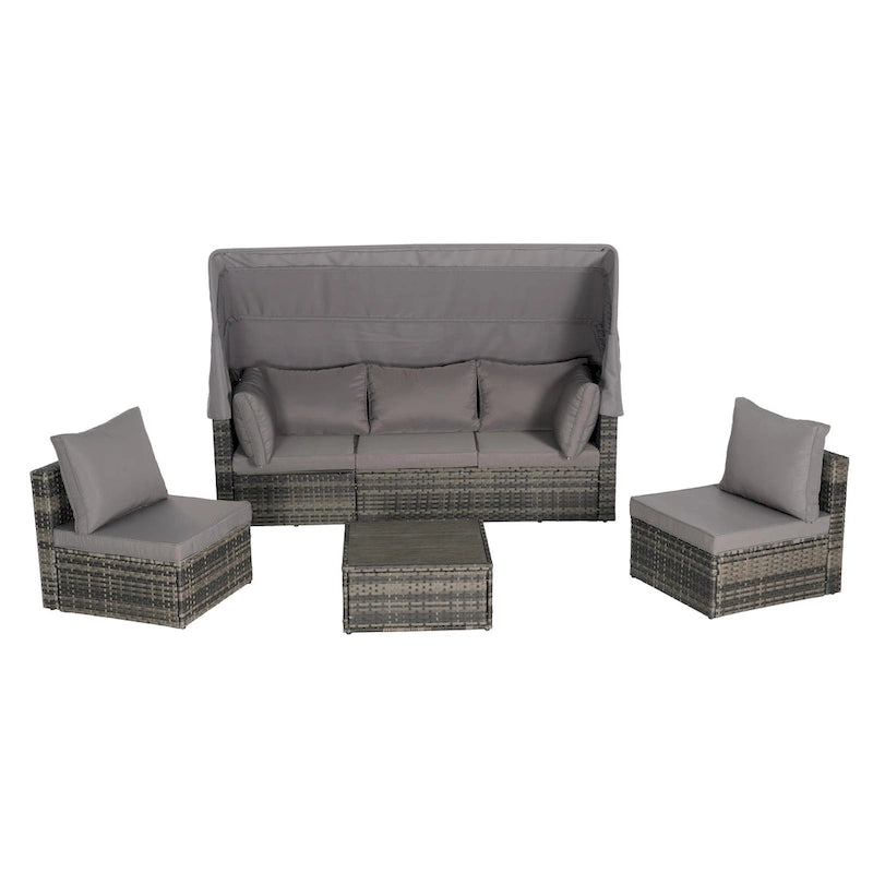 Set di mobili da giardino in vimini da 5 pezzi, lettino da giorno in rattan da esterno con tettoia retrattile, divano componibile con schienale regolabile