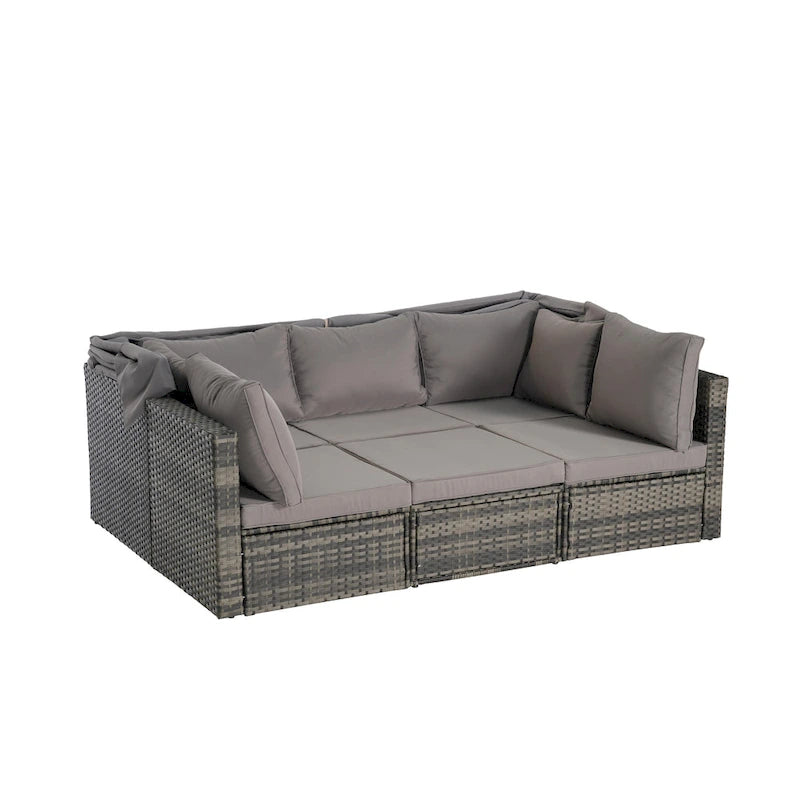 Set di mobili da giardino in vimini da 5 pezzi, lettino da giorno in rattan da esterno con tettoia retrattile, divano componibile con schienale regolabile