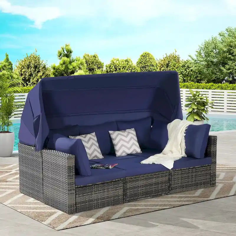 Set di mobili da giardino in vimini da 5 pezzi, lettino da giorno in rattan da esterno con tettoia retrattile, divano componibile con schienale regolabile