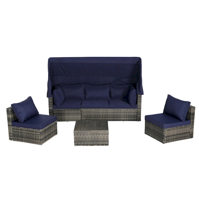 Set di mobili da giardino in vimini da 5 pezzi, lettino da giorno in rattan da esterno con tettoia retrattile, divano componibile con schienale regolabile