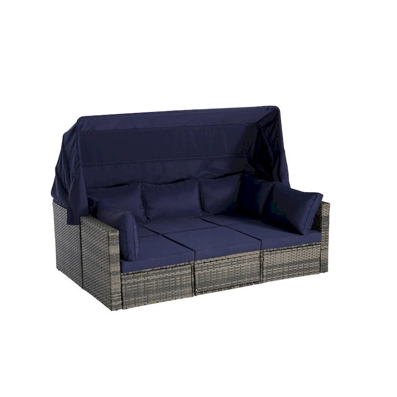Set di mobili da giardino in vimini da 5 pezzi, lettino da giorno in rattan da esterno con tettoia retrattile, divano componibile con schienale regolabile