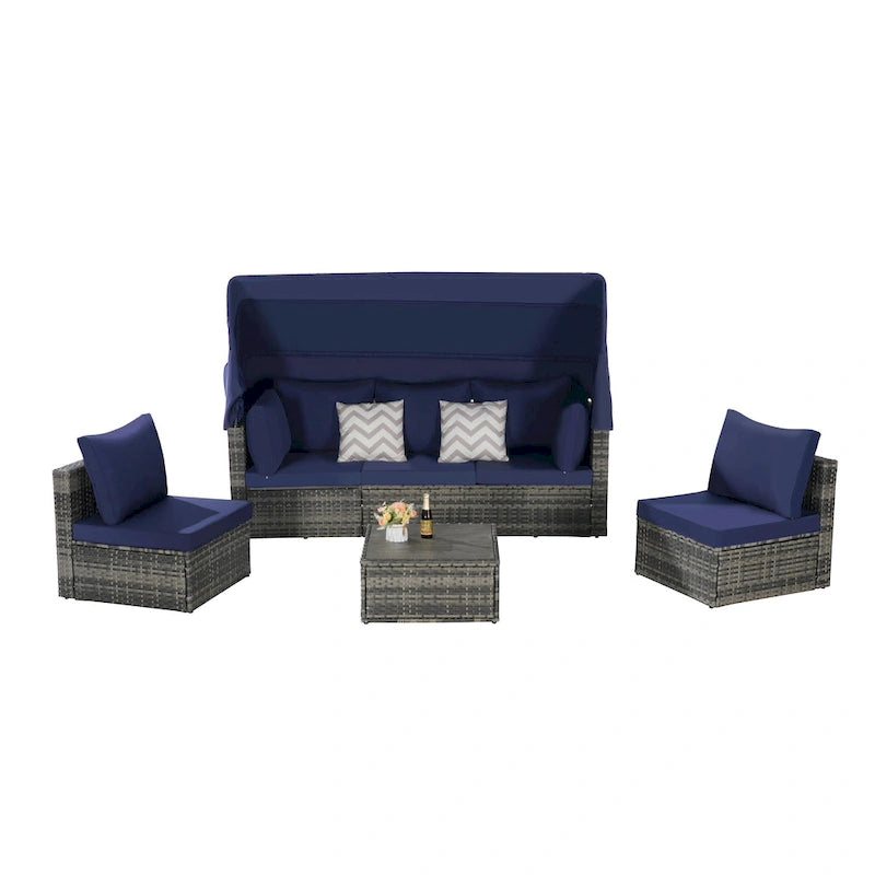 Set di mobili da giardino in vimini da 5 pezzi, lettino da giorno in rattan da esterno con tettoia retrattile, divano componibile con schienale regolabile