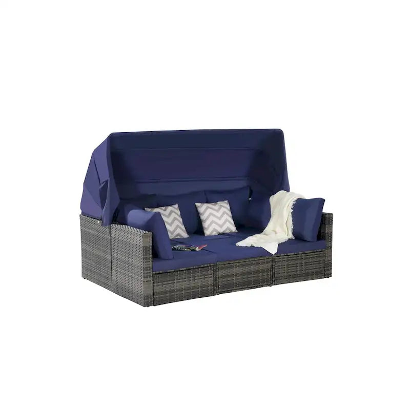 Set di mobili da giardino in vimini da 5 pezzi, lettino da giorno in rattan da esterno con tettoia retrattile, divano componibile con schienale regolabile