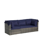 Set di mobili da giardino in vimini da 5 pezzi, lettino da giorno in rattan da esterno con tettoia retrattile, divano componibile con schienale regolabile