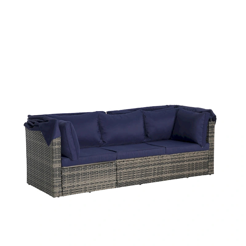Set di mobili da giardino in vimini da 5 pezzi, lettino da giorno in rattan da esterno con tettoia retrattile, divano componibile con schienale regolabile