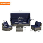 Set di mobili da giardino in vimini da 5 pezzi, lettino da giorno in rattan da esterno con tettoia retrattile, divano componibile con schienale regolabile