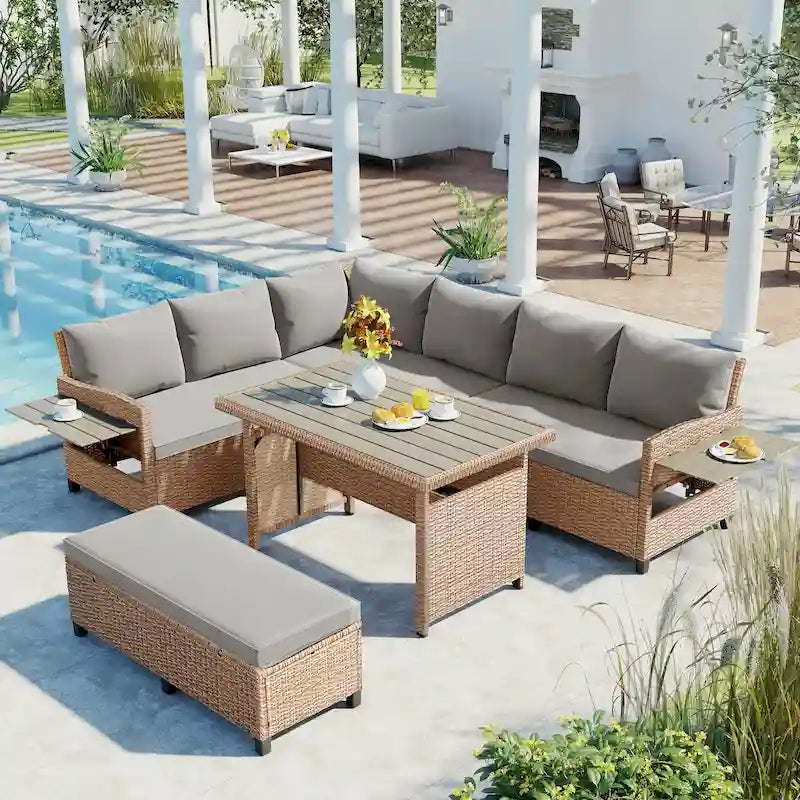 Set Divano da Esterno in Rattan da 5 Pezzi, Set di Mobili da Giardino in Vimini PE per Tutte le Stagioni con 2 Tavolini Laterali Estensibili e Tavolo