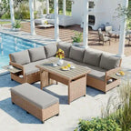 5 Pcs Outdoor Patio Rattan Sofa Set, All Weather PE Wicker Patio Furniture Set with 2 Extendable Side Tables and Table