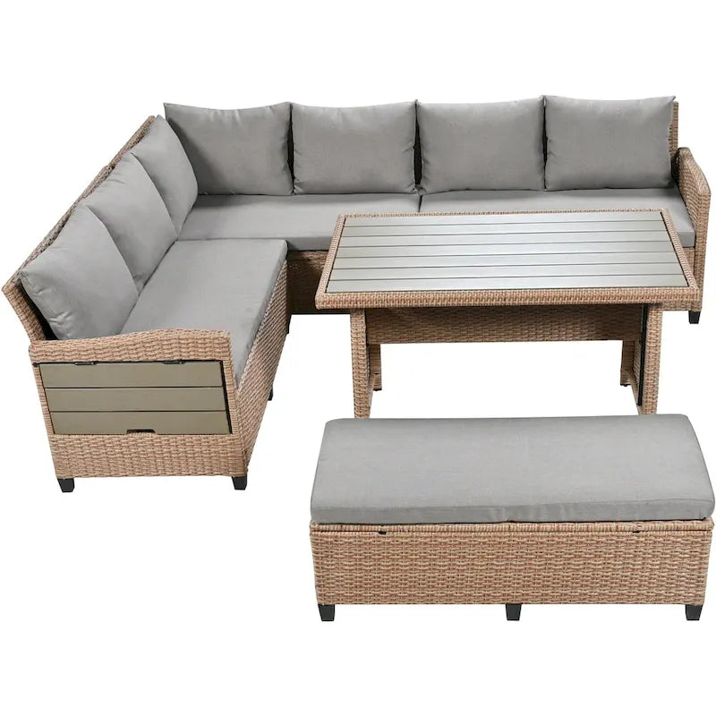 Set Divano da Esterno in Rattan da 5 Pezzi, Set di Mobili da Giardino in Vimini PE per Tutte le Stagioni con 2 Tavolini Laterali Estensibili e Tavolo
