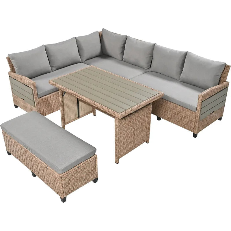 Set Divano da Esterno in Rattan da 5 Pezzi, Set di Mobili da Giardino in Vimini PE per Tutte le Stagioni con 2 Tavolini Laterali Estensibili e Tavolo