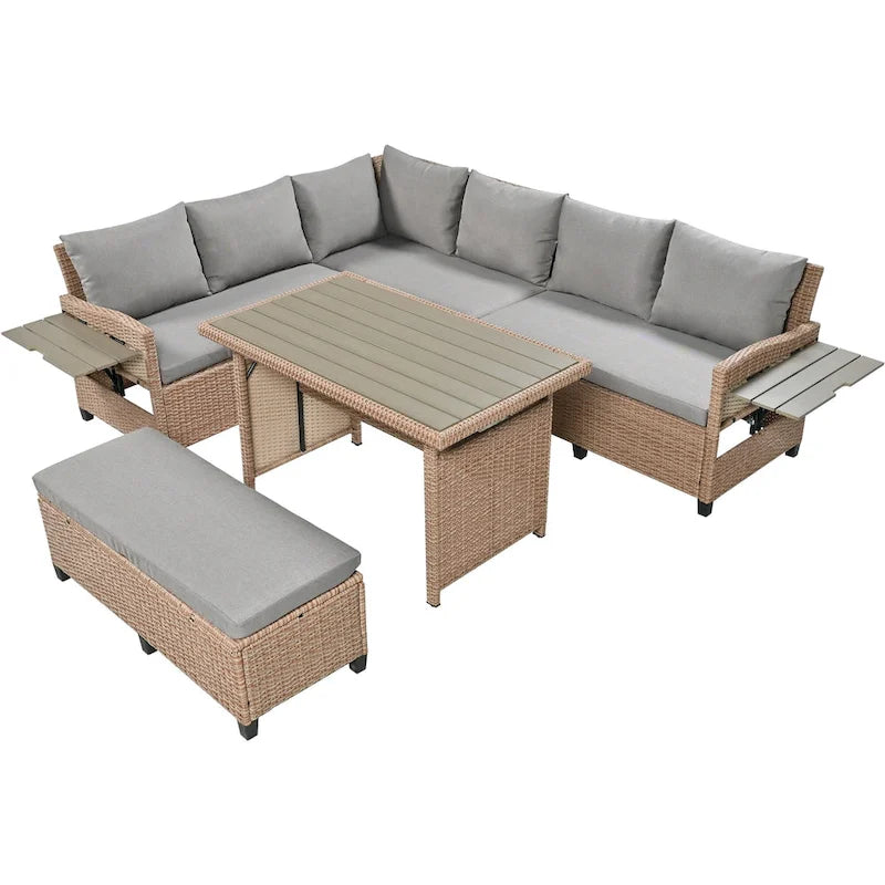 Set Divano da Esterno in Rattan da 5 Pezzi, Set di Mobili da Giardino in Vimini PE per Tutte le Stagioni con 2 Tavolini Laterali Estensibili e Tavolo