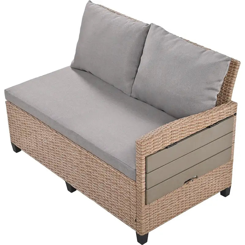 Set Divano da Esterno in Rattan da 5 Pezzi, Set di Mobili da Giardino in Vimini PE per Tutte le Stagioni con 2 Tavolini Laterali Estensibili e Tavolo