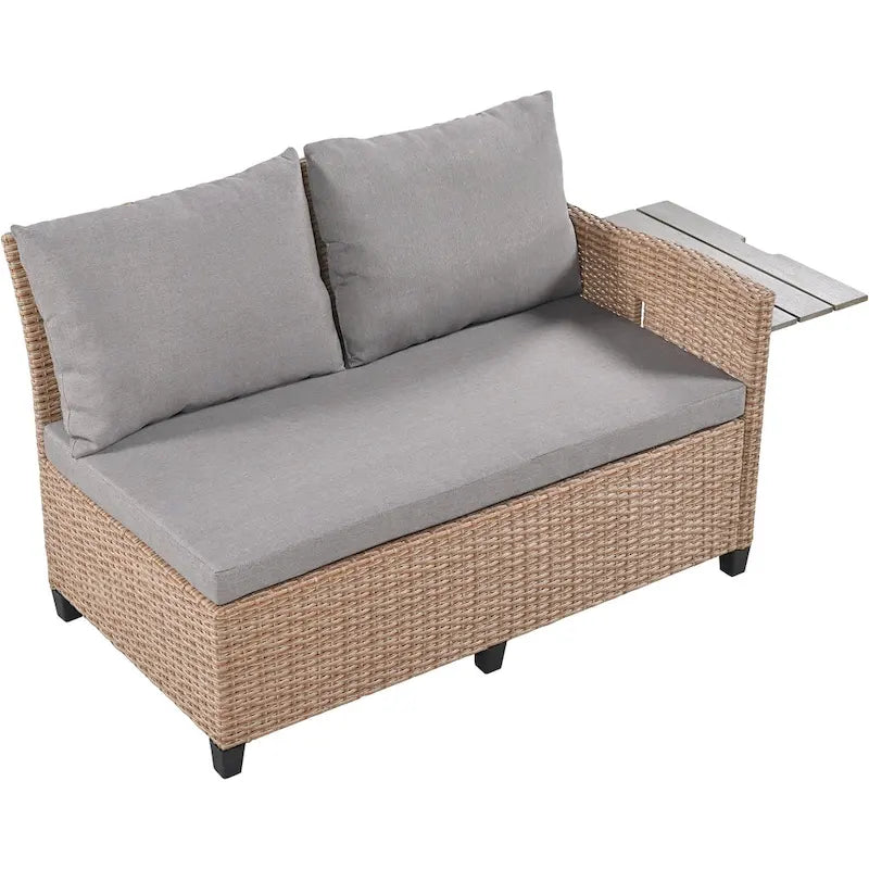 Set Divano da Esterno in Rattan da 5 Pezzi, Set di Mobili da Giardino in Vimini PE per Tutte le Stagioni con 2 Tavolini Laterali Estensibili e Tavolo