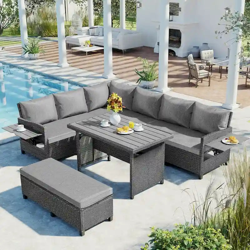 Set Divano da Esterno in Rattan da 5 Pezzi, Set di Mobili da Giardino in Vimini PE per Tutte le Stagioni con 2 Tavolini Laterali Estensibili e Tavolo