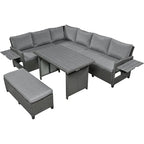 Set Divano da Esterno in Rattan da 5 Pezzi, Set di Mobili da Giardino in Vimini PE per Tutte le Stagioni con 2 Tavolini Laterali Estensibili e Tavolo
