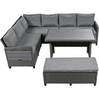 Set Divano da Esterno in Rattan da 5 Pezzi, Set di Mobili da Giardino in Vimini PE per Tutte le Stagioni con 2 Tavolini Laterali Estensibili e Tavolo