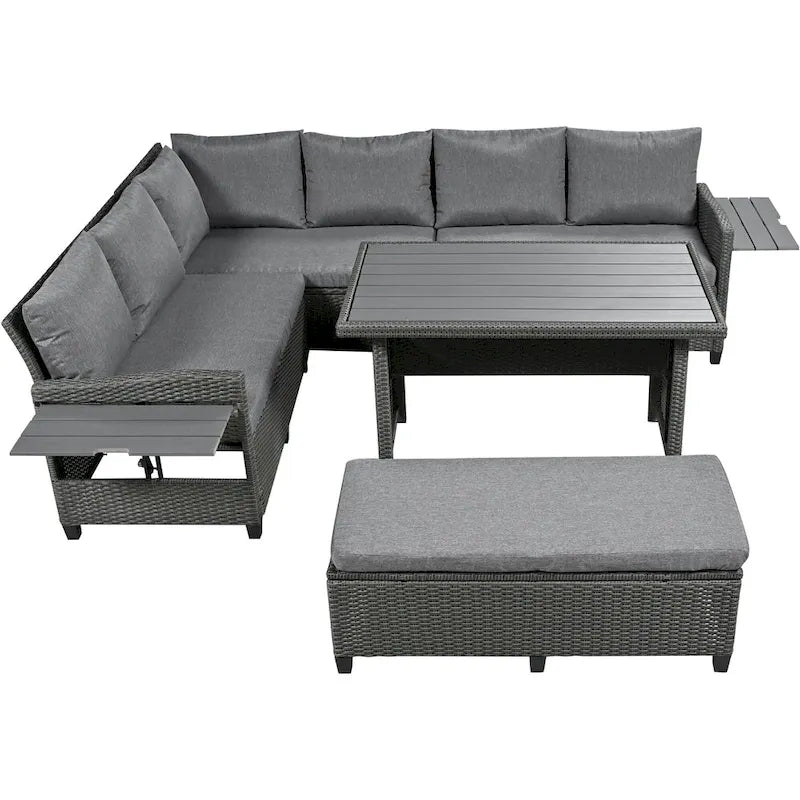Set Divano da Esterno in Rattan da 5 Pezzi, Set di Mobili da Giardino in Vimini PE per Tutte le Stagioni con 2 Tavolini Laterali Estensibili e Tavolo