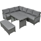 Set Divano da Esterno in Rattan da 5 Pezzi, Set di Mobili da Giardino in Vimini PE per Tutte le Stagioni con 2 Tavolini Laterali Estensibili e Tavolo