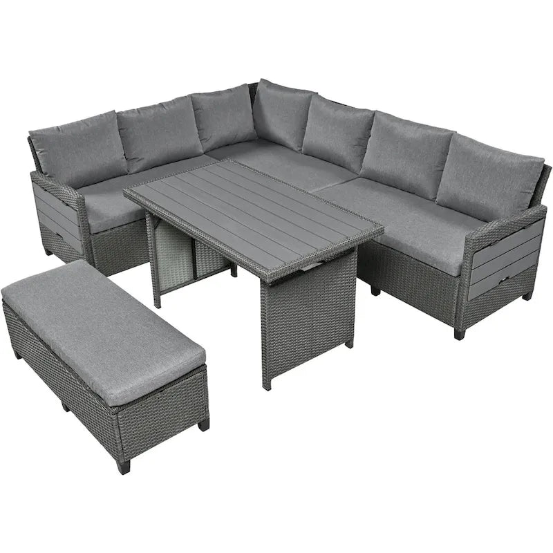 Set Divano da Esterno in Rattan da 5 Pezzi, Set di Mobili da Giardino in Vimini PE per Tutte le Stagioni con 2 Tavolini Laterali Estensibili e Tavolo