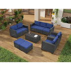 Salon de jardin en rotin synthétique 10 pièces, ensemble de conversation de patio avec coussins et table basse