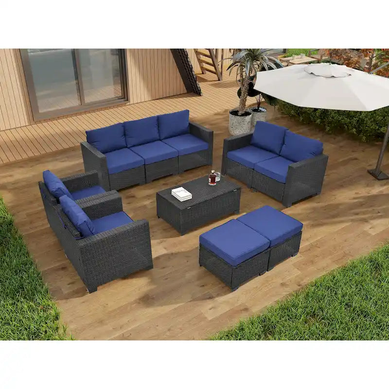 Salon de jardin en rotin synthétique 10 pièces, ensemble de conversation de patio avec coussins et table basse