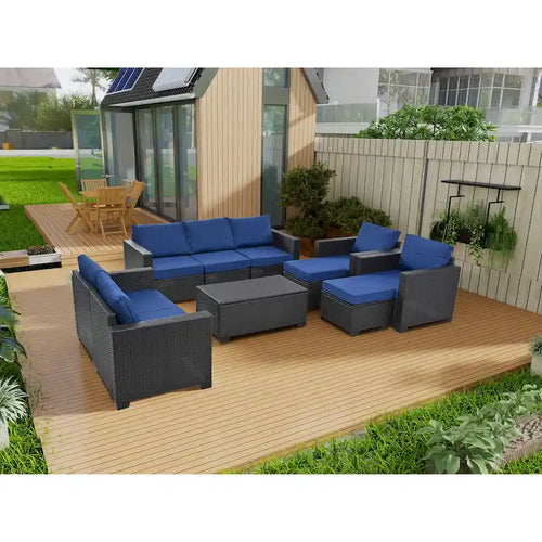Set di mobili da esterno da 10 pezzi, divano componibile in rattan per patio, set da conversazione per tutte le stagioni con cuscini e tavolino da caffè