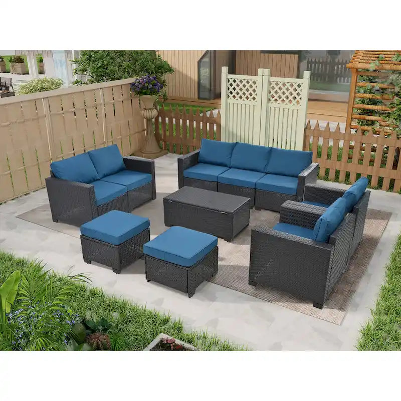 Set di mobili da esterno da 10 pezzi, divano componibile in rattan per patio, set da conversazione per tutte le stagioni con cuscini e tavolino da caffè