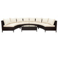 Ensemble sectionnel 5 pièces en rotin PE marron tout temps, canapé d'extérieur demi-lune avec table en verre trempé pour patio et jardin