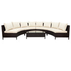 Ensemble sectionnel 5 pièces en rotin PE marron tout temps, canapé d'extérieur demi-lune avec table en verre trempé pour patio et jardin