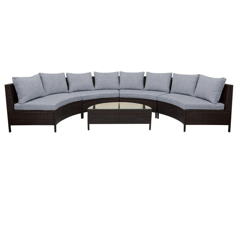 Set Sezionale da 5 Pezzi in Rattan PE Marrone Resistente alle Intemperie Divano da Esterno a Mezzaluna con Tavolo in Vetro Temperato per Patio e Giardino