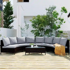 Ensemble sectionnel 5 pièces en rotin PE marron tout temps, canapé d'extérieur demi-lune avec table en verre trempé pour patio et jardin