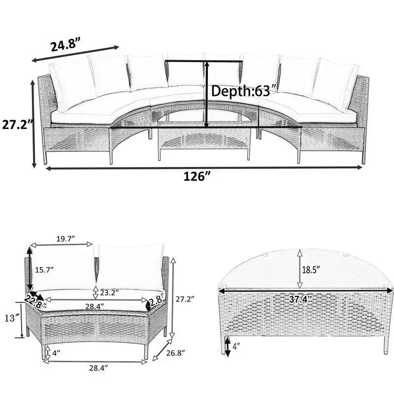 Set Sezionale da 5 Pezzi in Rattan PE Marrone Resistente alle Intemperie Divano da Esterno a Mezzaluna con Tavolo in Vetro Temperato per Patio e Giardino