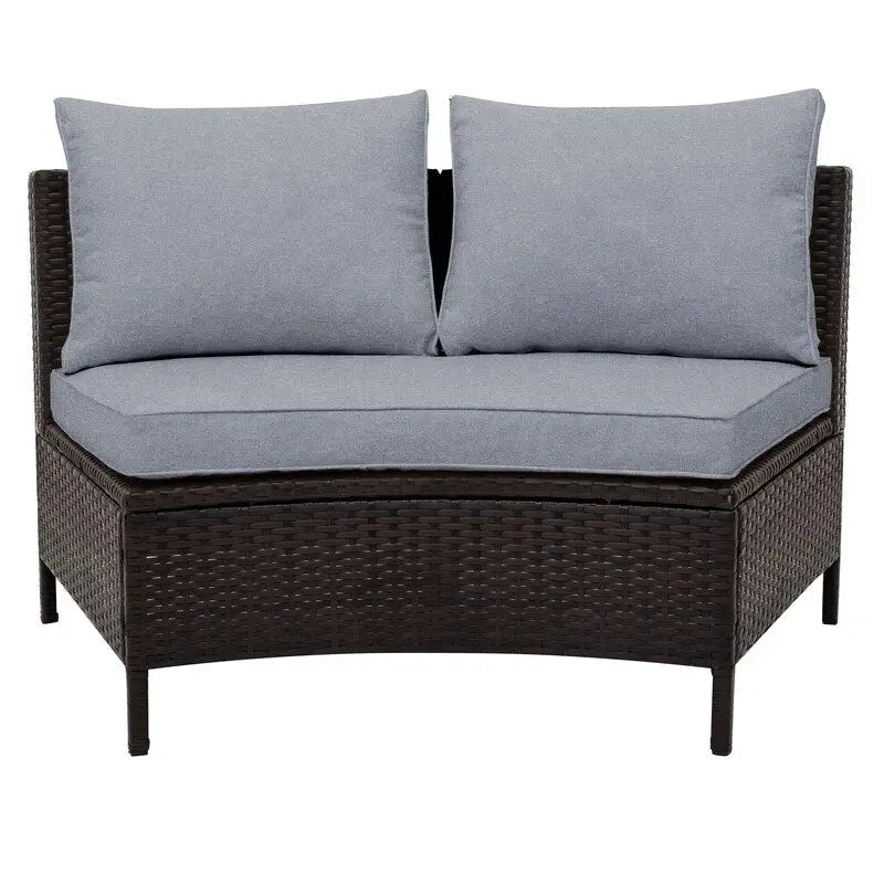 Ensemble sectionnel 5 pièces en rotin PE marron tout temps, canapé d'extérieur demi-lune avec table en verre trempé pour patio et jardin