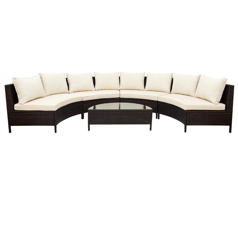 Ensemble sectionnel 5 pièces en rotin PE marron tout temps, canapé d'extérieur demi-lune avec table en verre trempé pour patio et jardin
