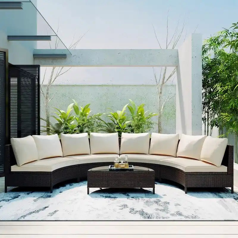 Ensemble sectionnel 5 pièces en rotin PE marron tout temps, canapé d'extérieur demi-lune avec table en verre trempé pour patio et jardin