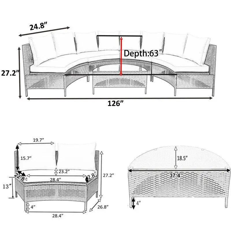 Ensemble sectionnel 5 pièces en rotin PE marron tout temps, canapé d'extérieur demi-lune avec table en verre trempé pour patio et jardin